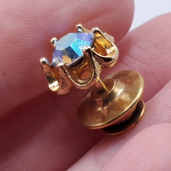 Vintage AB aurora borealis tie pin brooch tac collar blue gold small 50's 60's - Picture 7 of 7